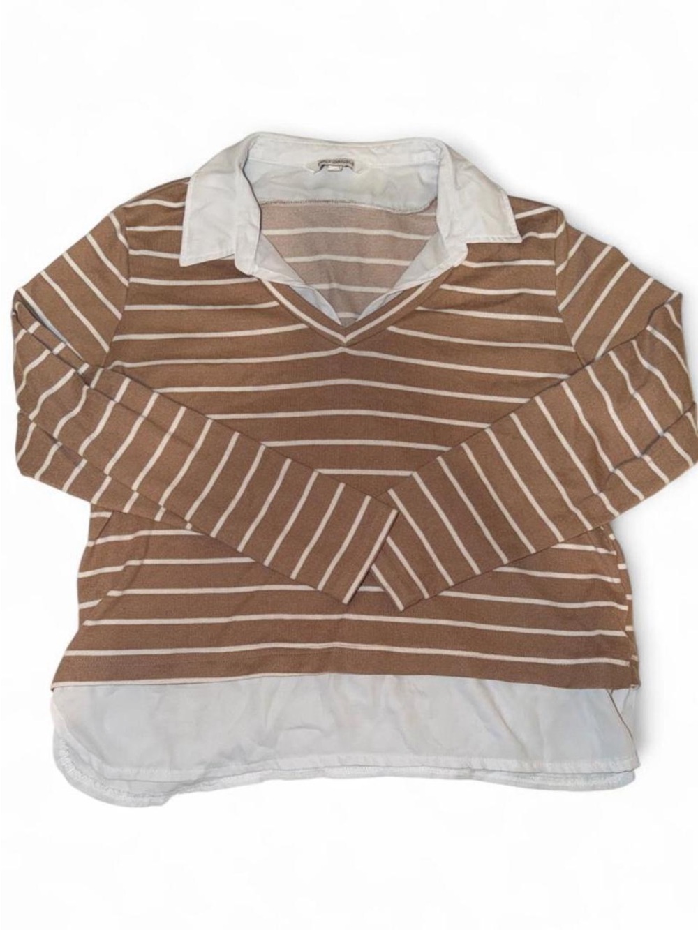 Emily Daniels Women’ Striped Brown & White Layered V-Neck Long Sleeve Size XL